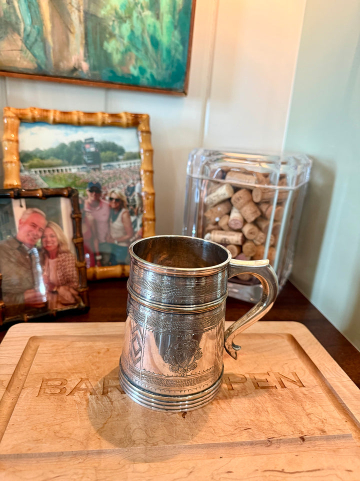 Sheffield Pewter tankard with great etching and crest