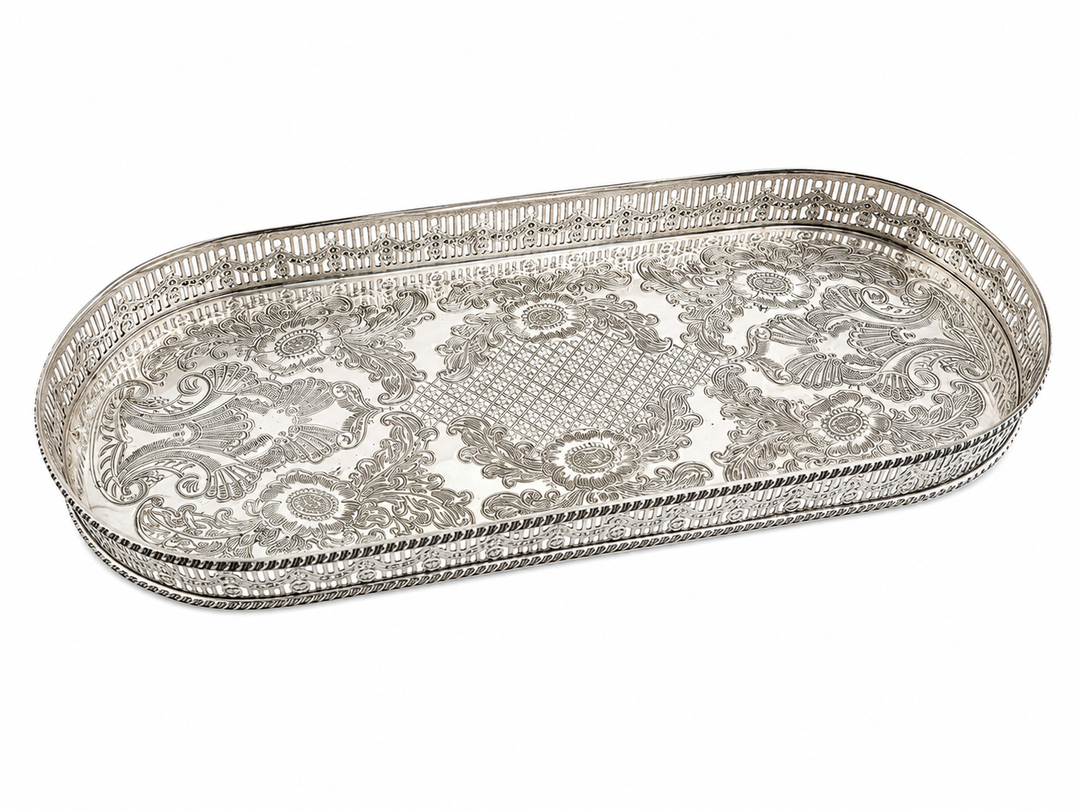 Fabulous silver plate tray with reticulated gallery