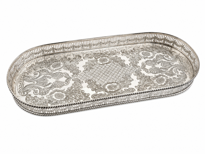 Fabulous silver plate tray with reticulated gallery