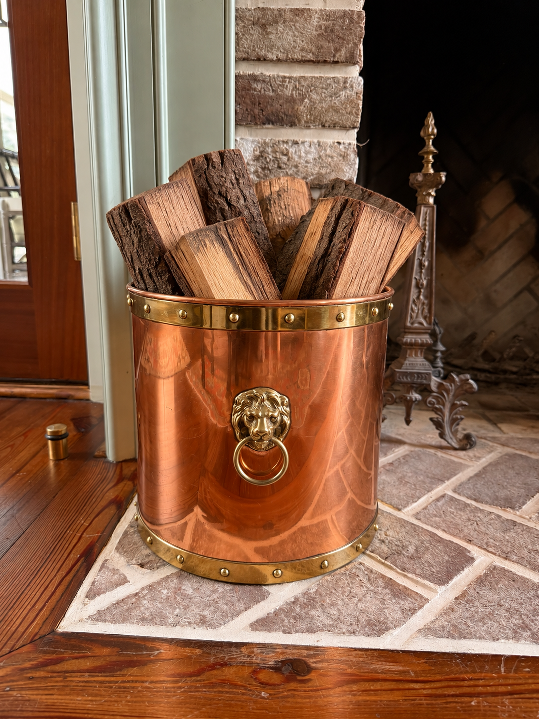 Copper Fireside Bucket with lion head handles