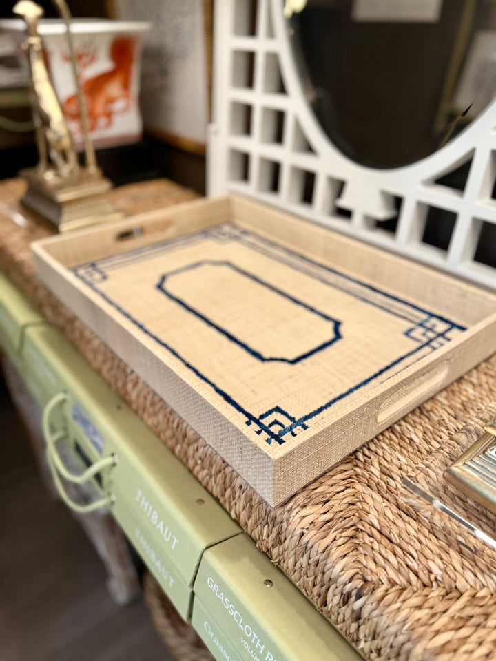 Grasscloth Tray with Navy Greek Key Design