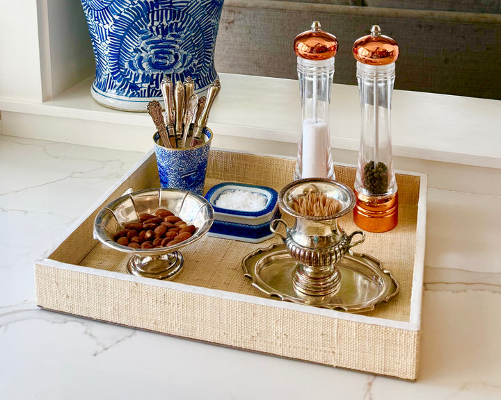 Grasscloth tray with leather trim