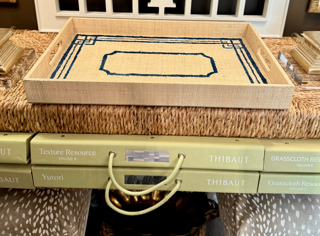 Grasscloth Tray with Navy Greek Key Design