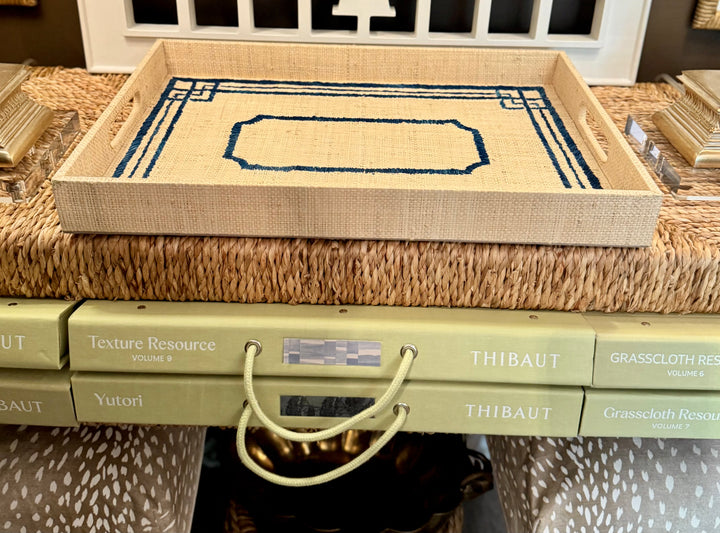 Grasscloth Tray with Navy Greek Key Design
