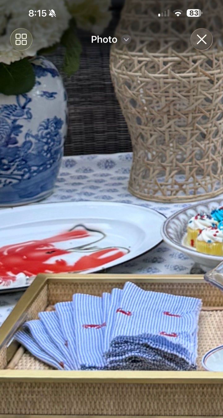 Set of 8 Vintage Seersucker Napkins with Embroidered Crabs