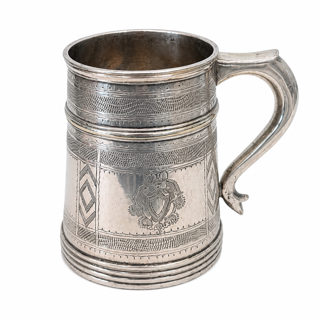 Sheffield Pewter tankard with great etching and crest