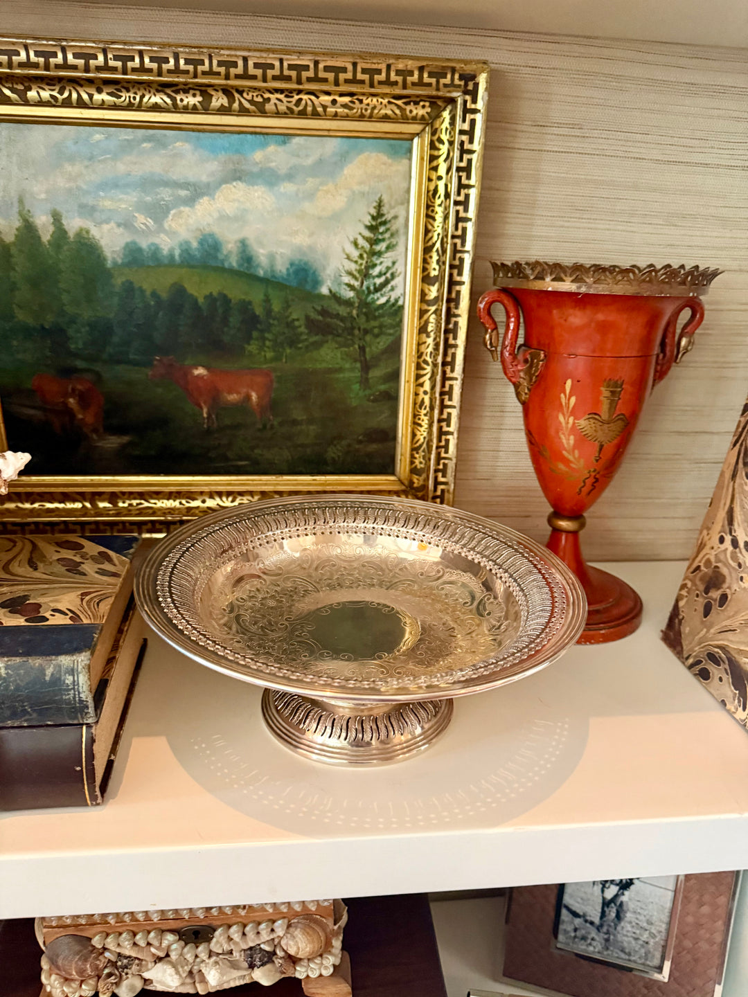 Silver plate shallow bowl on pedestal with reticulated edge