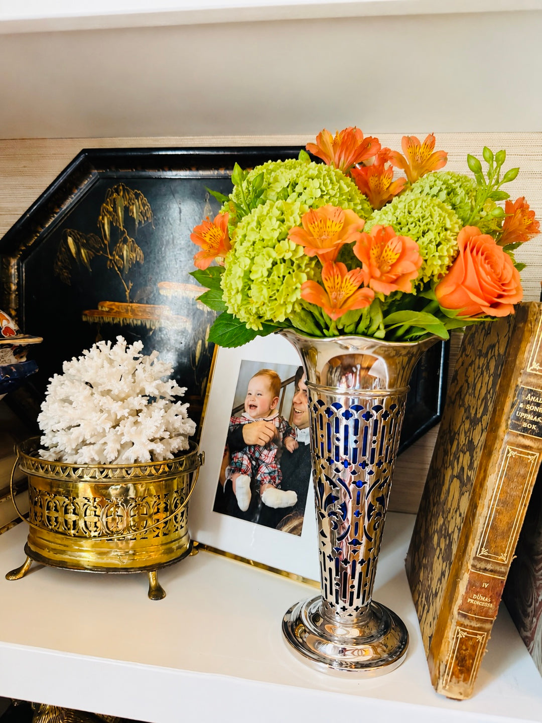 Silver fluted vase with cobalt insert