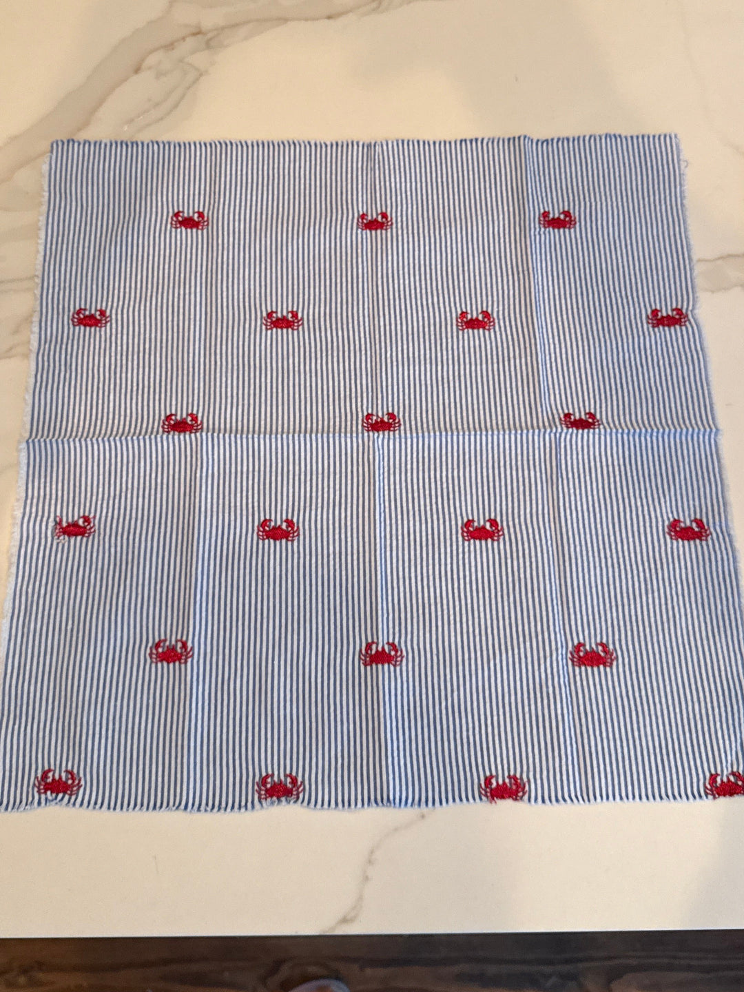 Set of 8 Vintage Seersucker Napkins with Embroidered Crabs
