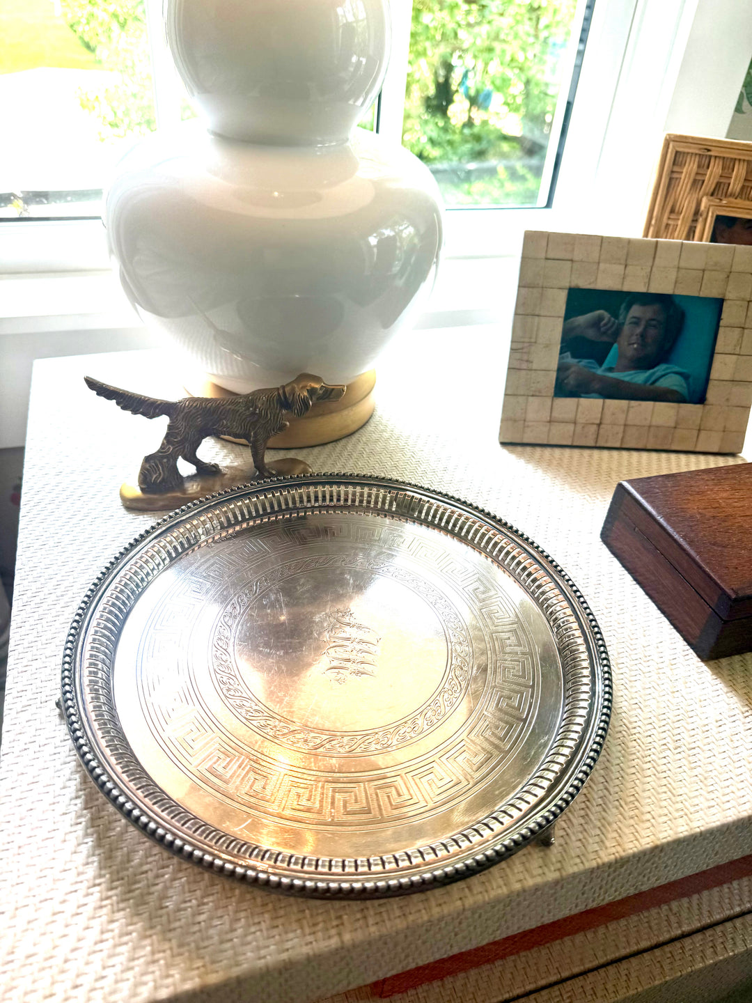 Round Footed Silver Tray with Monogram