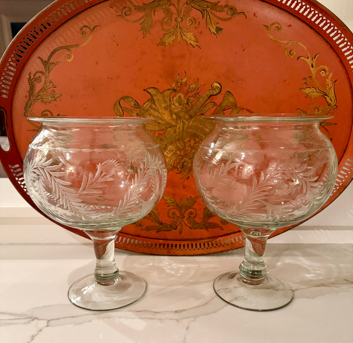 Pair of etched vine hurricanes, perfect for flowers or candles