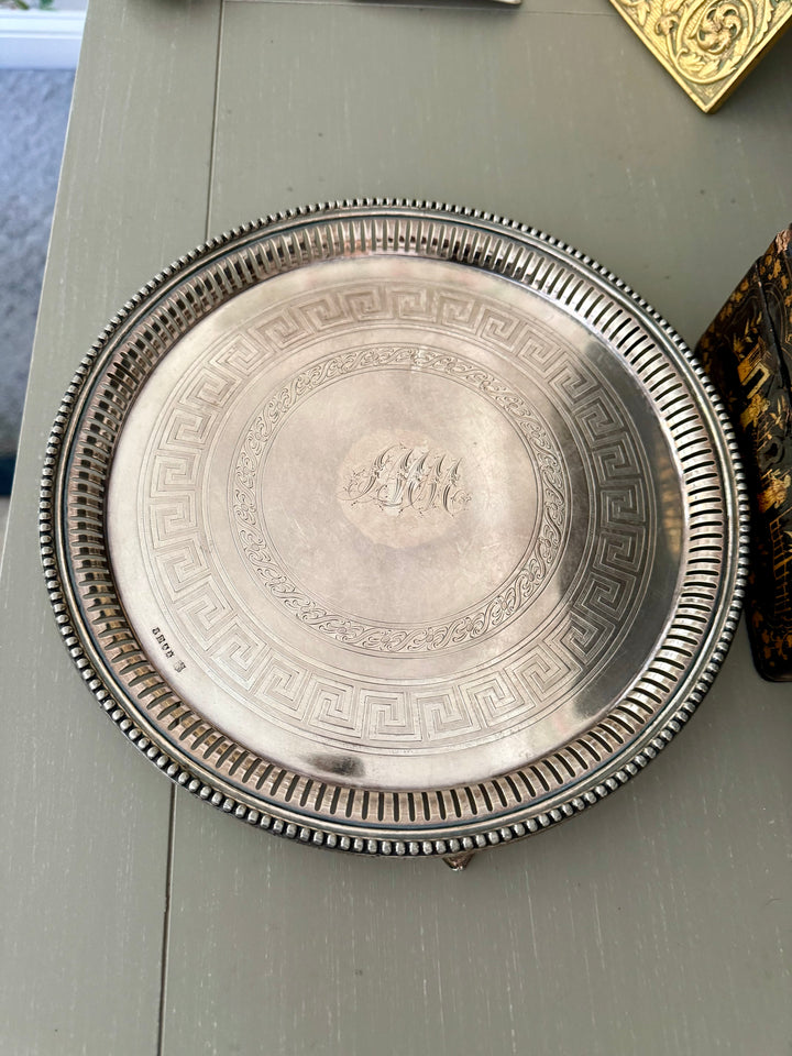 Round Footed Silver Tray with Monogram