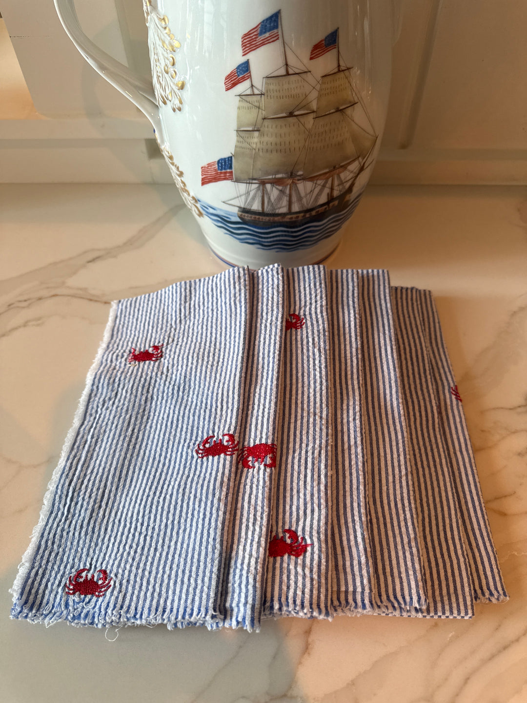 Set of 8 Vintage Seersucker Napkins with Embroidered Crabs