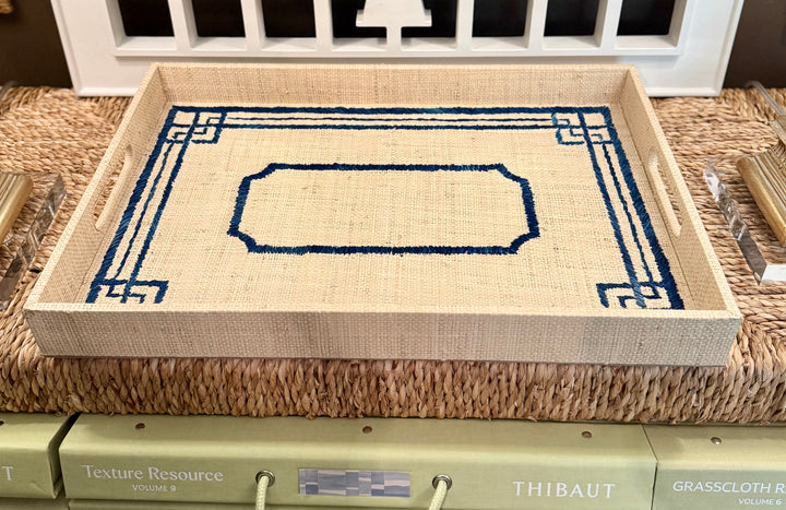 Grasscloth Tray with Navy Greek Key Design
