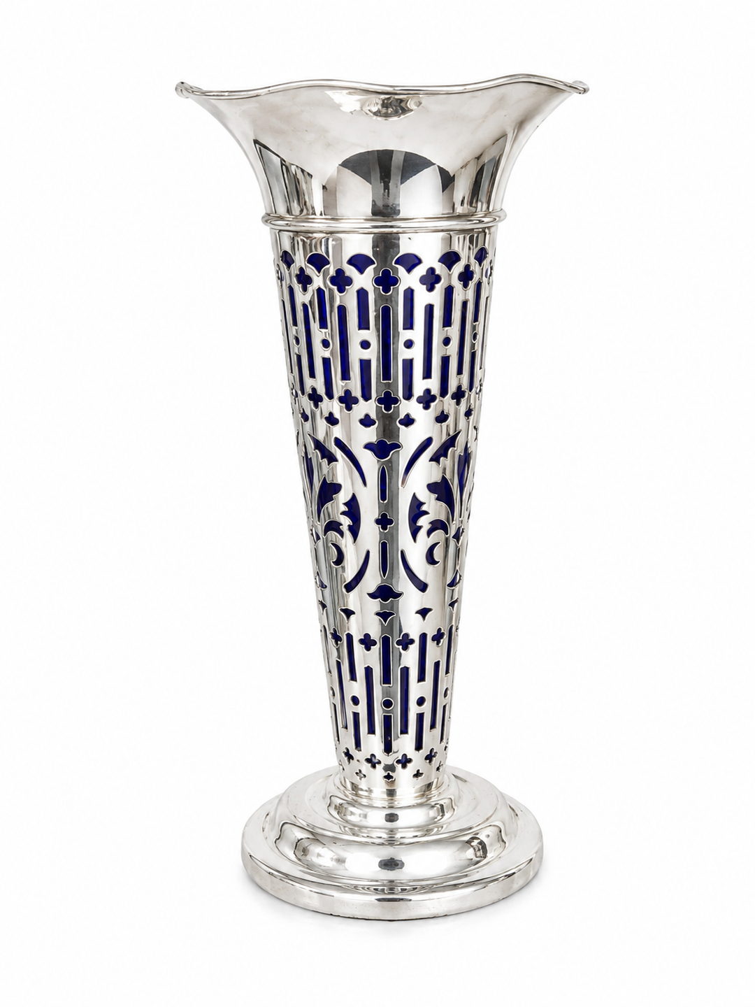 Silver fluted vase with cobalt insert