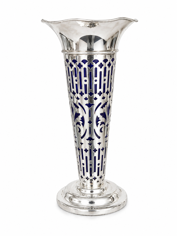 Silver fluted vase with cobalt insert