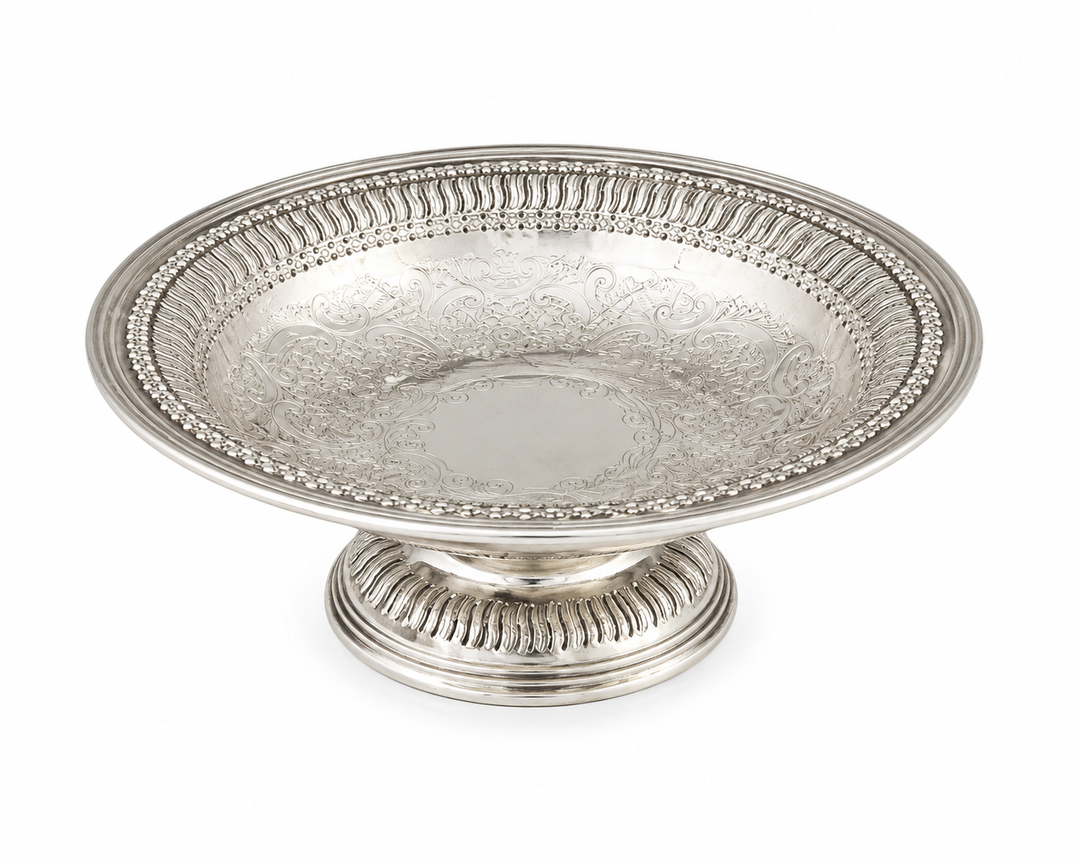 Silver plate shallow bowl on pedestal with reticulated edge