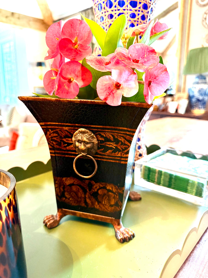 Black and Gold Claw Footed Planter with Lion Head Handles
