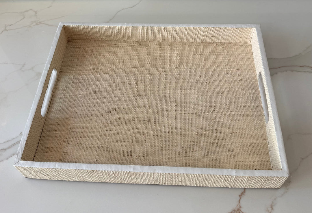 Grasscloth tray with leather trim