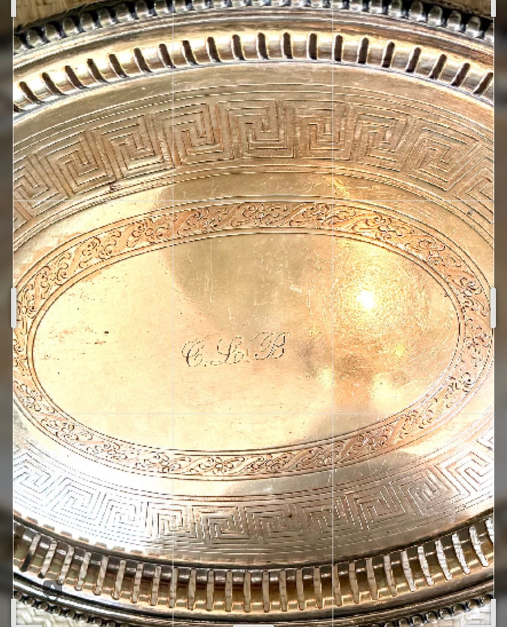 Silver on Copper Greek Key Valet tray with Monogram, great patina!
