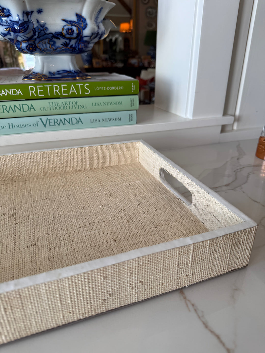 Grasscloth tray with leather trim