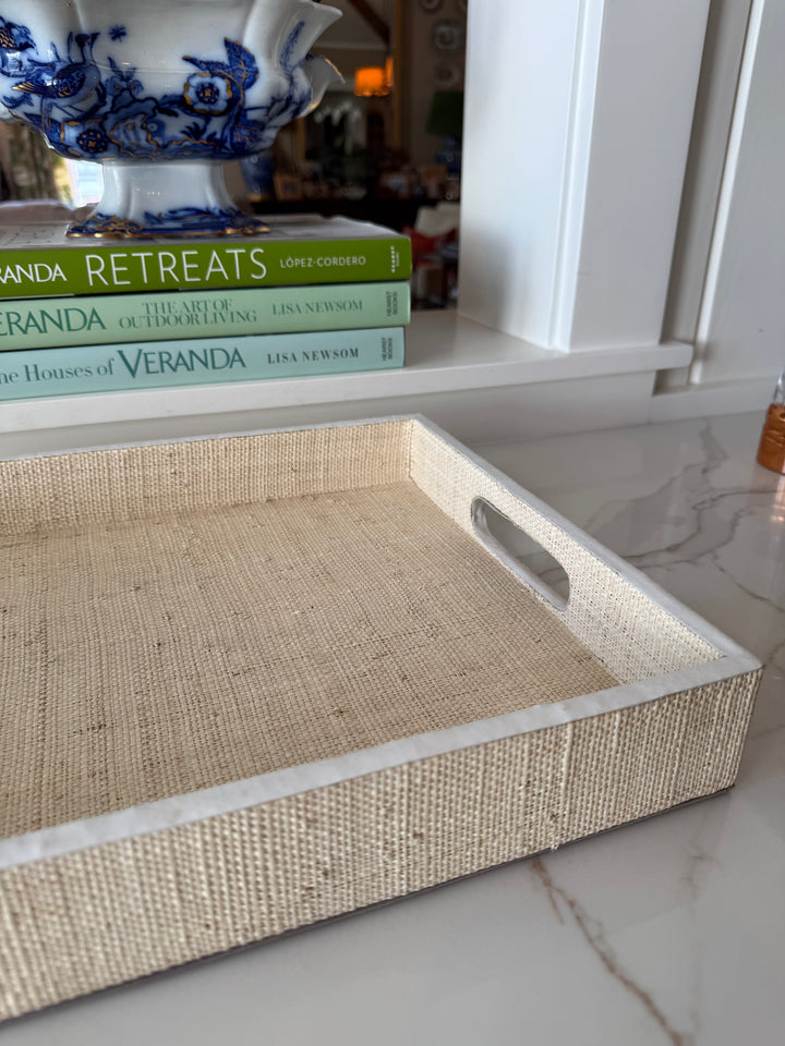 Grasscloth tray with leather trim