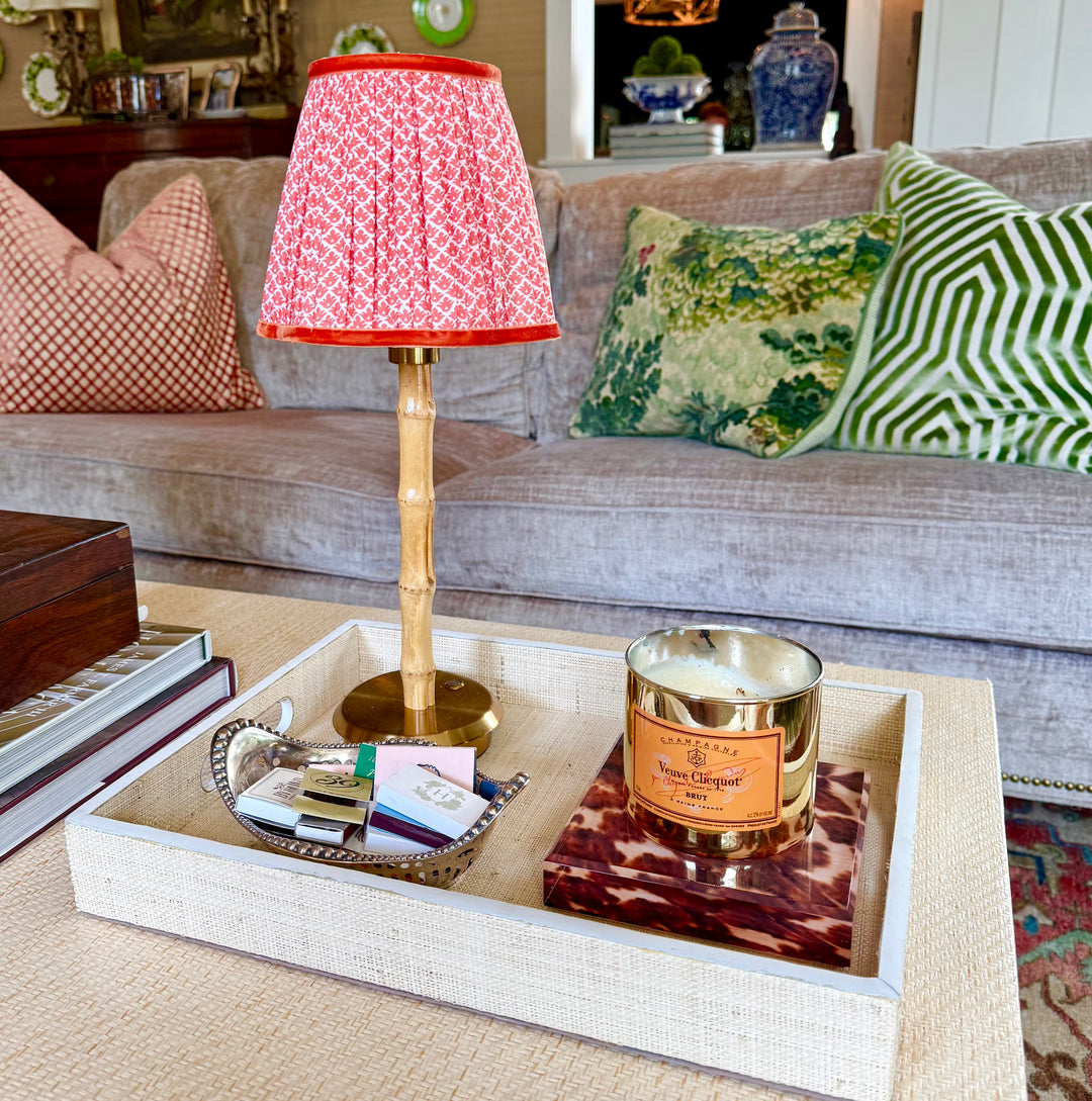 Grasscloth tray with leather trim