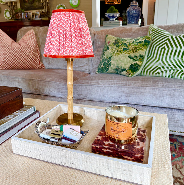 Grasscloth tray with leather trim