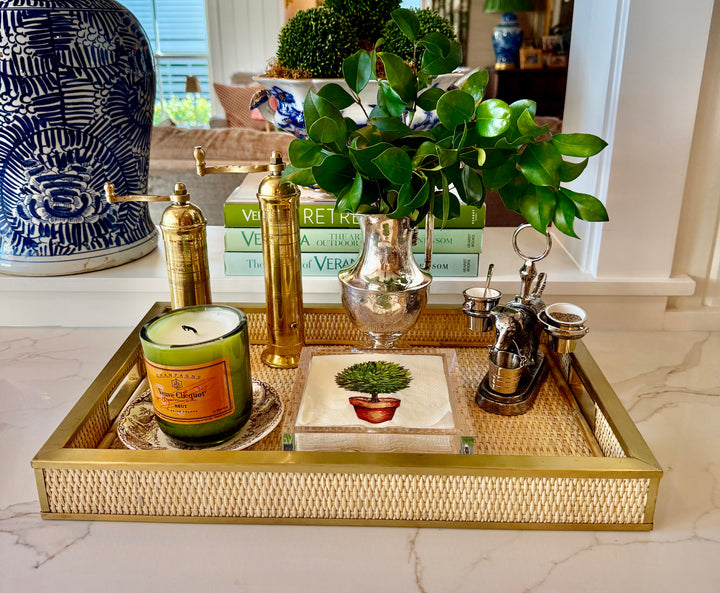 Woven Wicker Tray Brass Trim