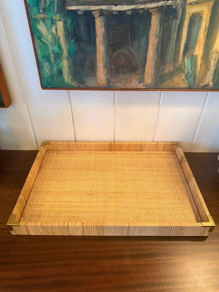 Large Natural Rattan Wrapped With Brass Corners