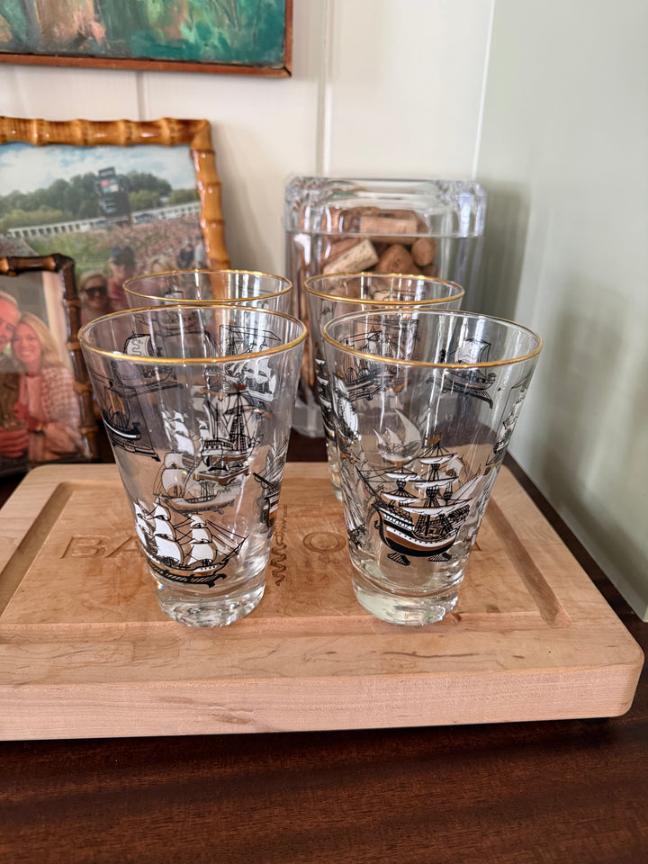 Set of 4 Tall Ships Vintage Glasses