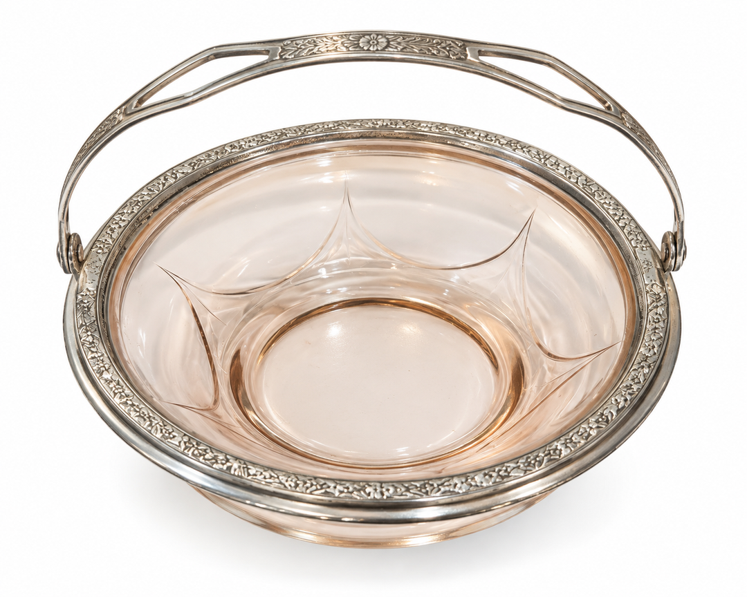 Blush glass basket with silver handle and trim