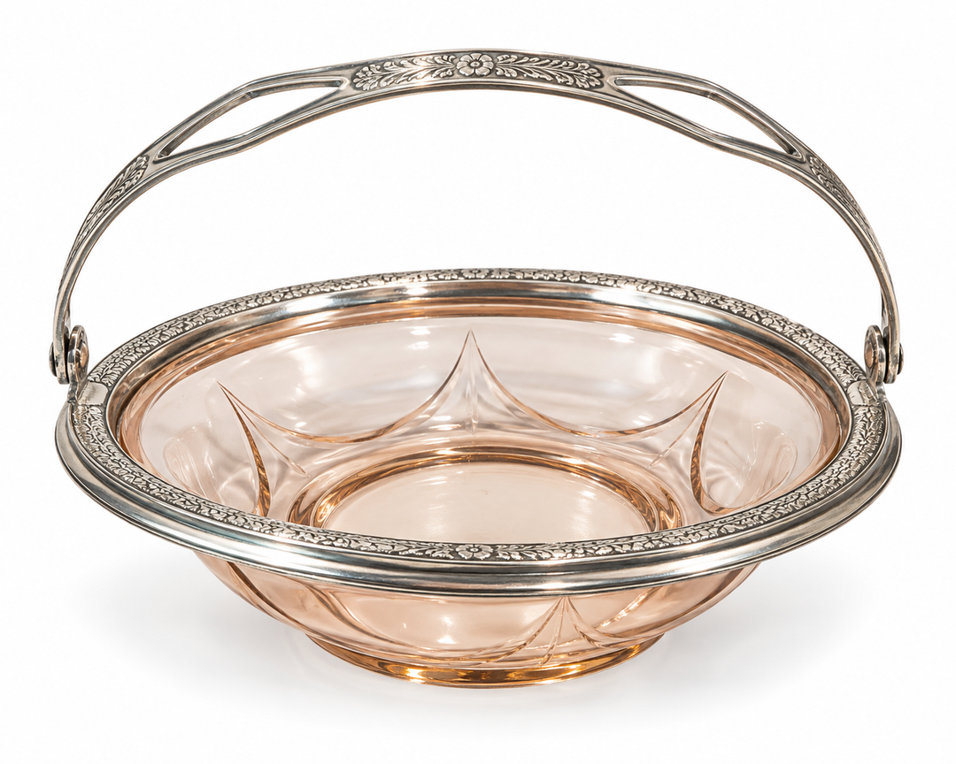 Blush glass basket with silver handle and trim