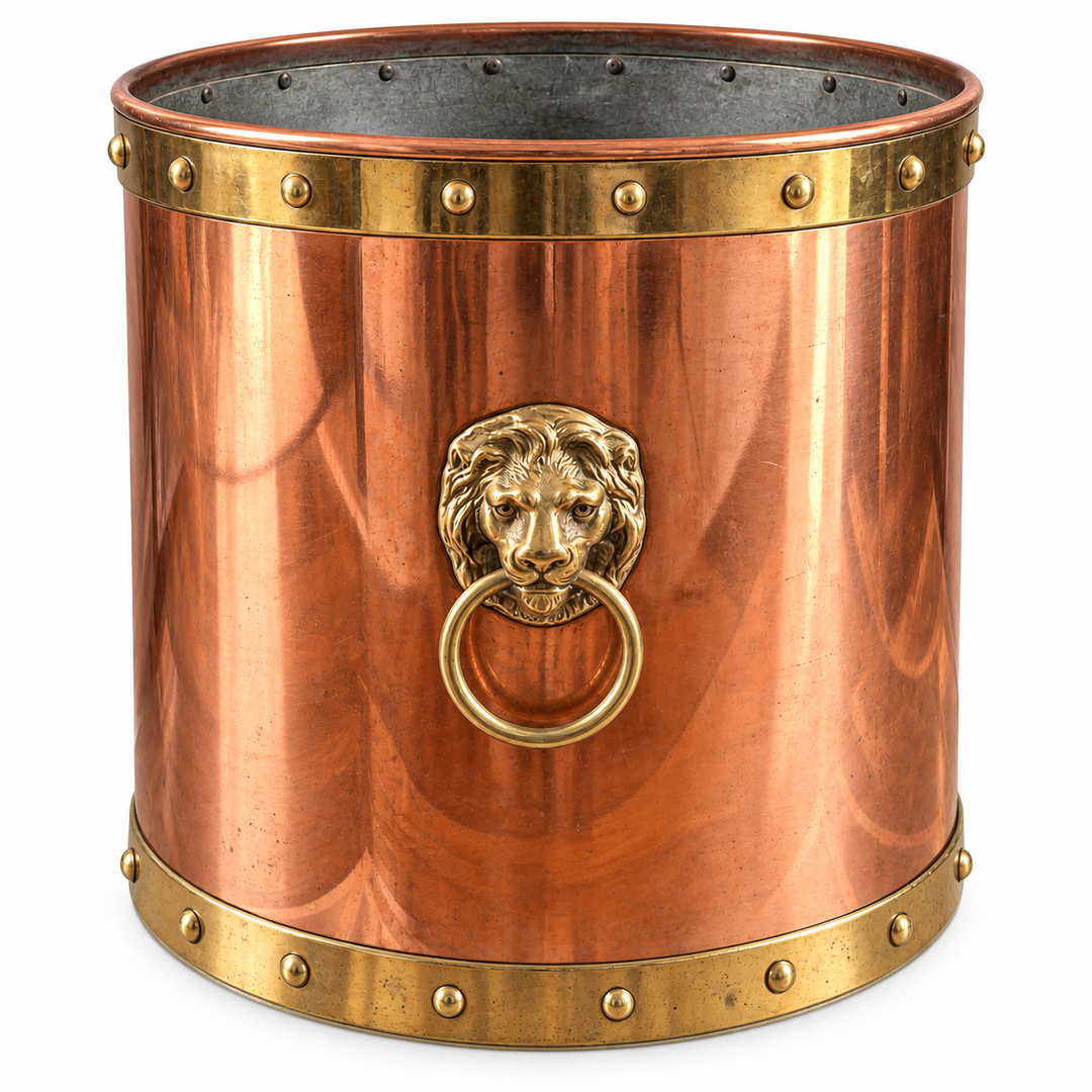 Copper Fireside Bucket with lion head handles