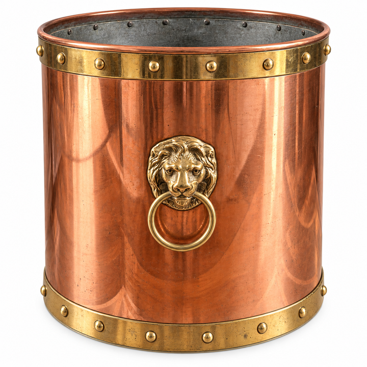 Copper Fireside Bucket with lion head handles