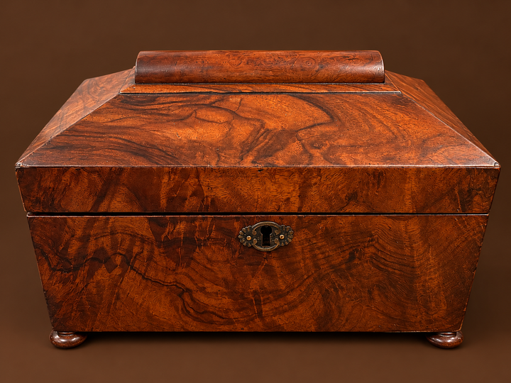 Footed figured walnut English tea caddy c. 1860