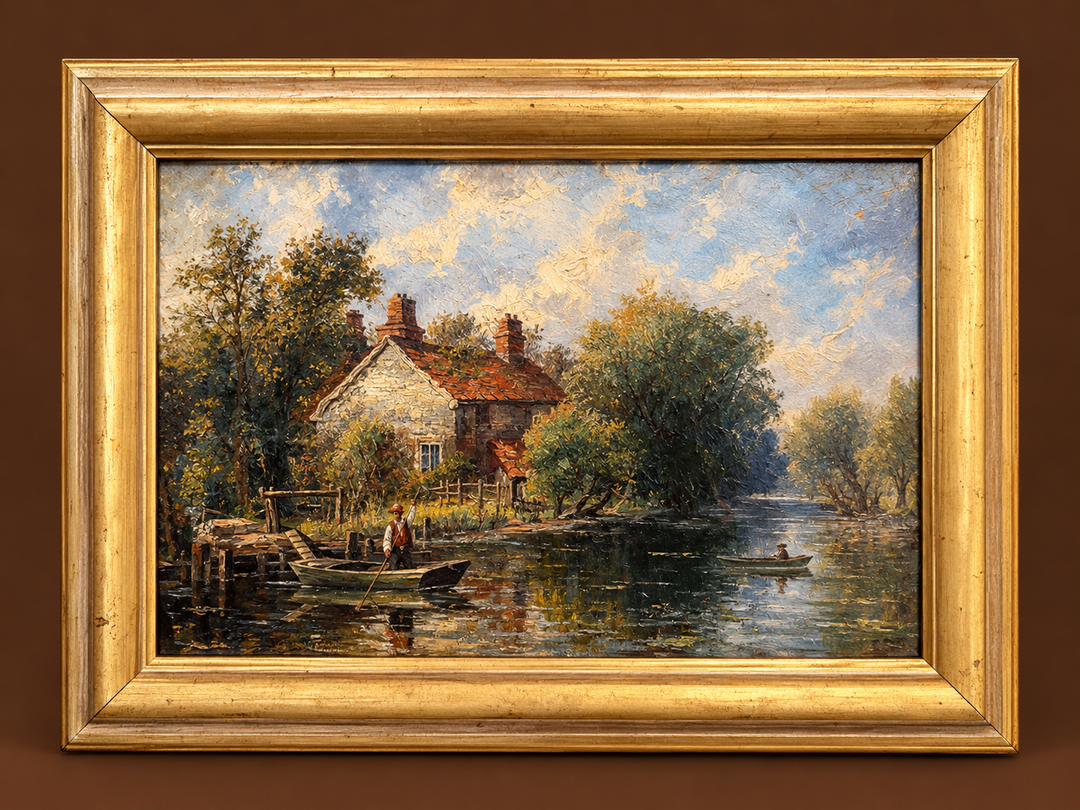 Antique European oil on canvas signed on back “on the Lea”
