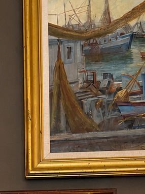 Working harbor scene oil on canvas in antique frame with linen mat
