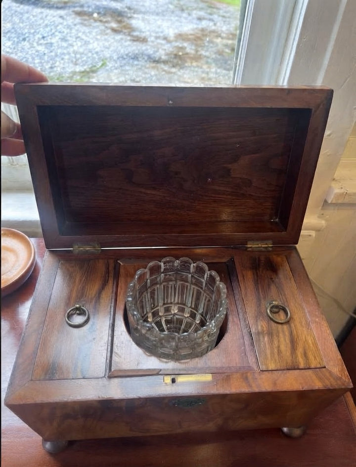 Footed figured walnut English tea caddy c. 1860