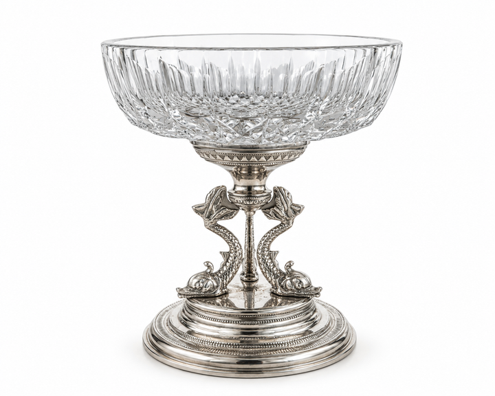 Crystal pedestal dish on silver koi fish base