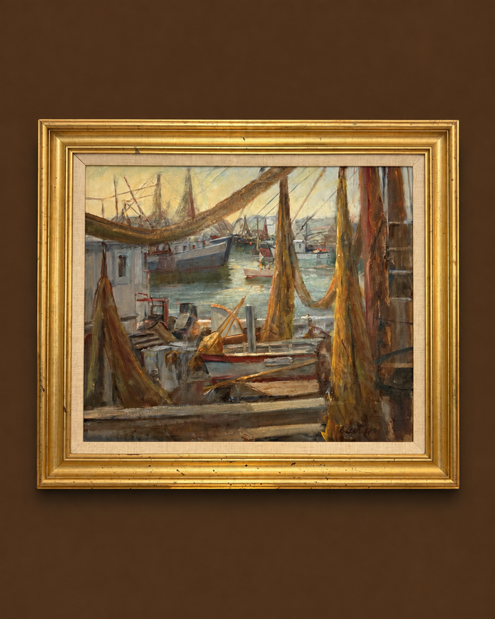 Working harbor scene oil on canvas in antique frame with linen mat