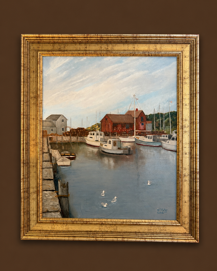New england Harbor scene oil on canvas