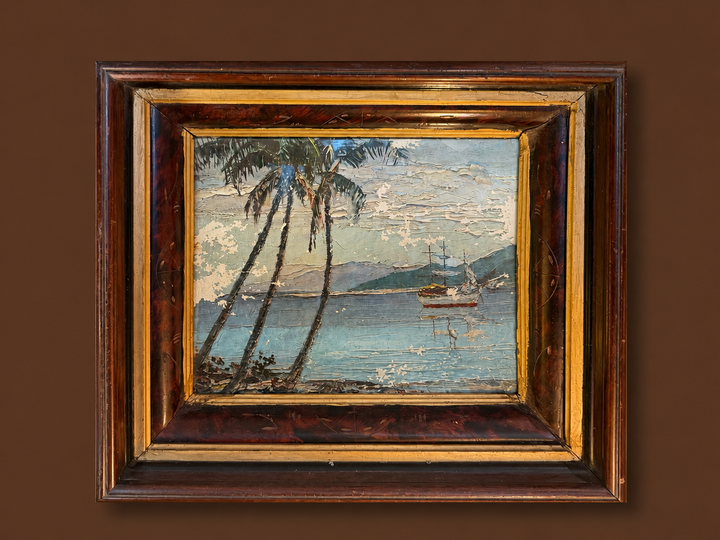 Tortoise w/gold trim 19th century frame…palm trees by the sea