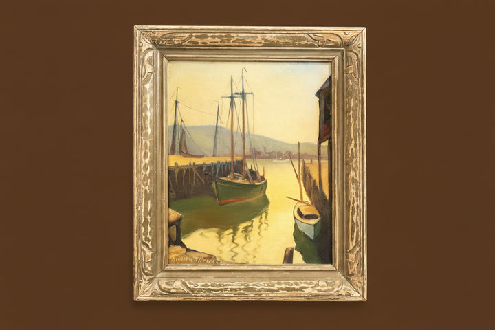 Oil on canvas “Green Hull Sailboat”in antique rustic frame