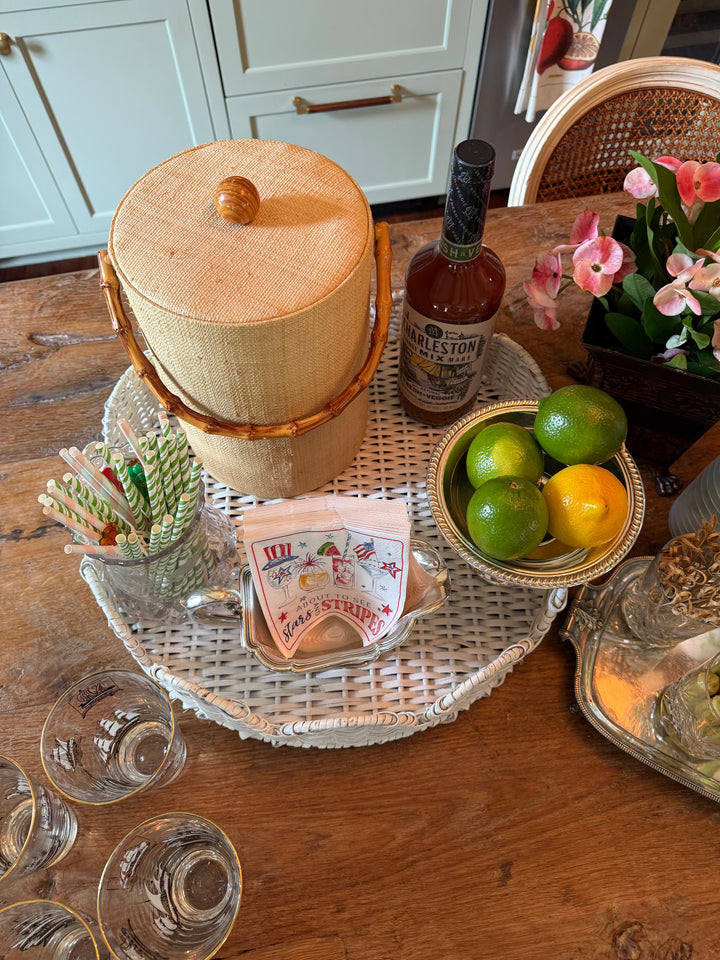 Grasscloth Ice Bucket with Bamboo Handle