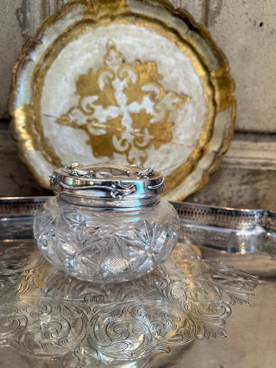 Round Crystal Vanity Jar with Sterling Lid