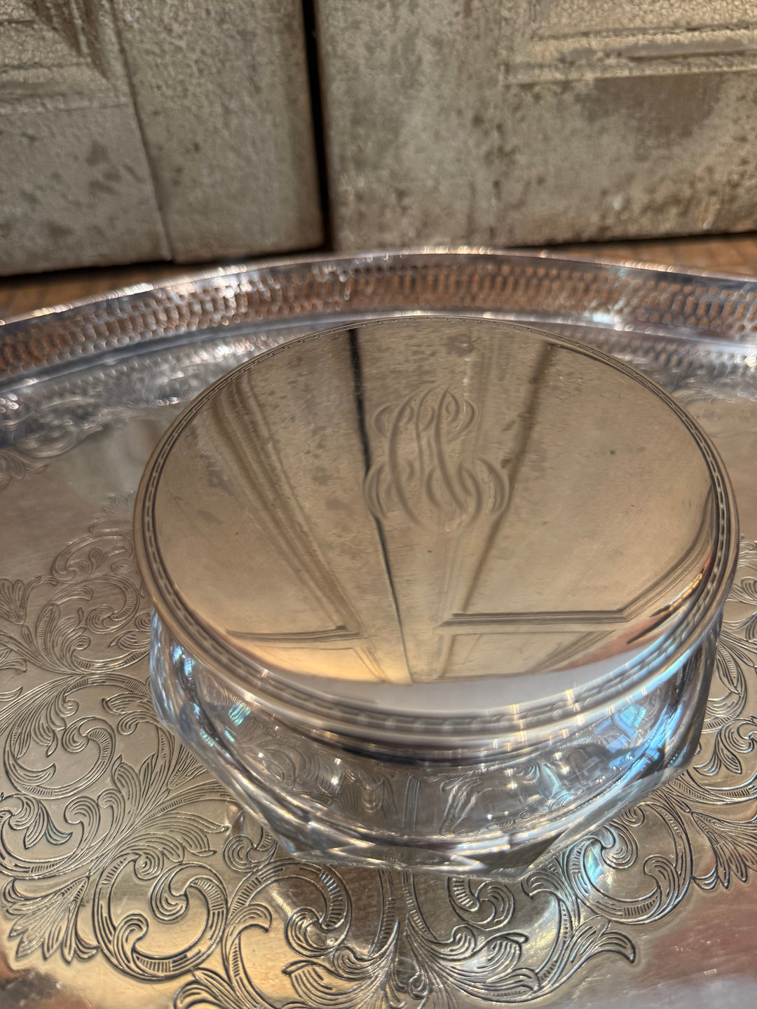 Monogrammed Glass Vanity Jar with Sterling Lid