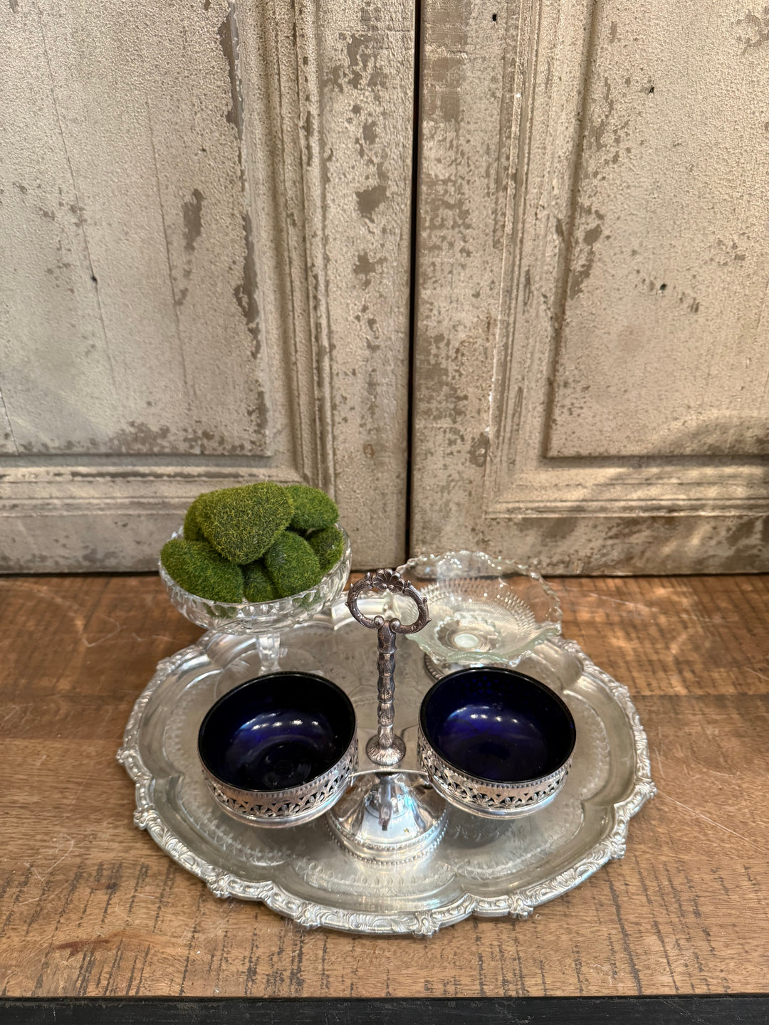 Silver Condiment Caddy with Colbalt Liners