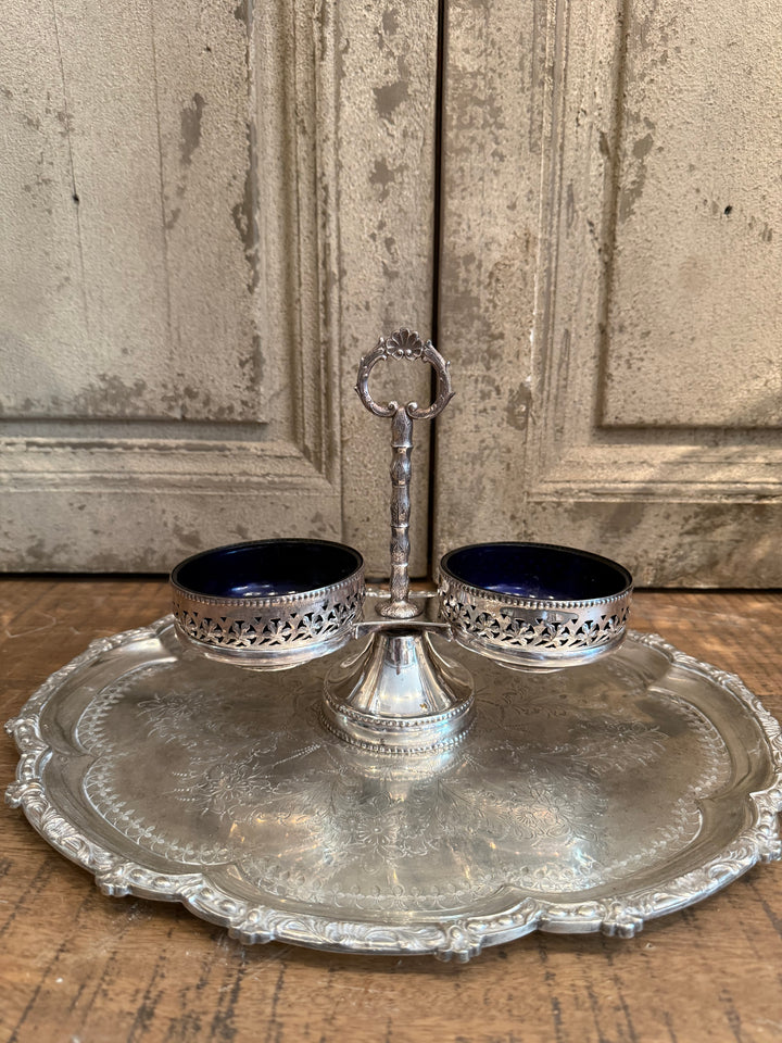 Silver Condiment Caddy with Colbalt Liners