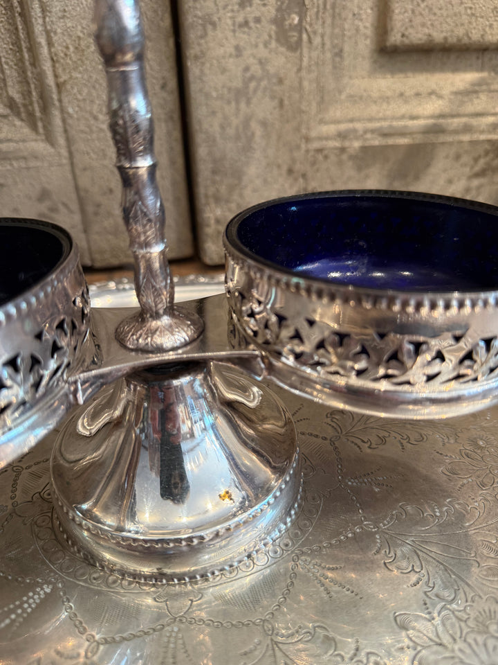 Silver Condiment Caddy with Colbalt Liners